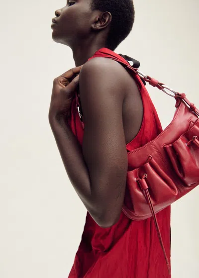 Mango Leather Shoulder Bag With Gathered Pockets Red