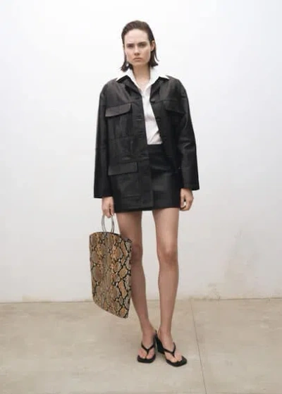 Mango Leather Skirt With Stitching Detail Black