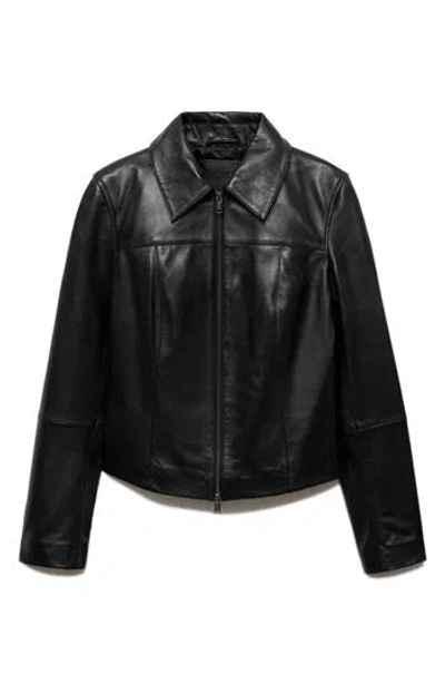 Mango Leather Zip Jacket In Black