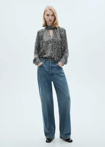Mango Leopard-print Blouse With Collar And Bow Black