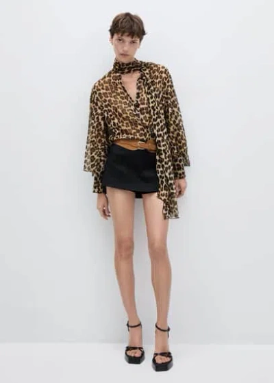 Mango Leopard-print Blouse With Collar And Bow Brown In Marron