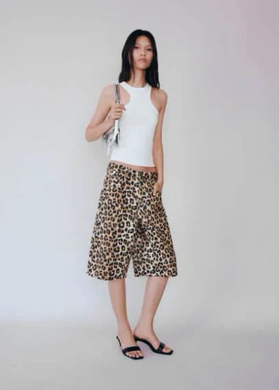 MANGO LEOPARD-PRINT DENIM BERMUDA SHORTS BEIGE 