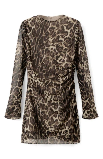 Mango Leopard Print Draped Long Sleeve Minidress In Brown