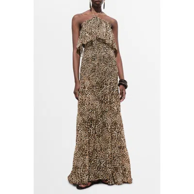 Mango Leopard Print Halter Maxi Dress In Brown
