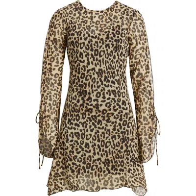 Mango Tie Sleeve Leopard Print Mini Dress In Black In Beige/ Black