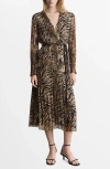 Mango Leopard Print Pleated Long Sleeve Midi Dress In Brown