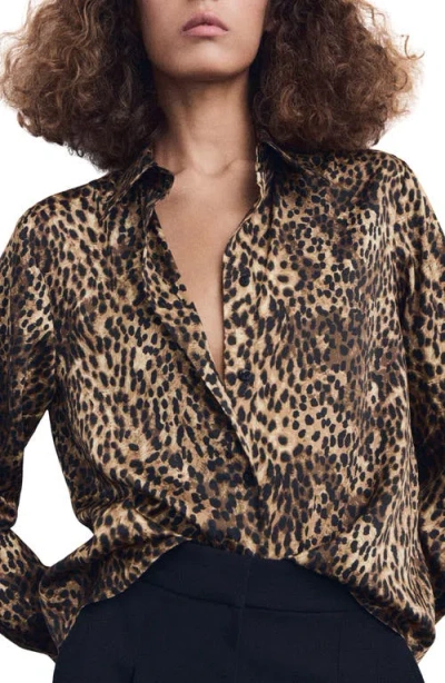 Mango Leopard Print Satin Button-up Shirt In Animal Print