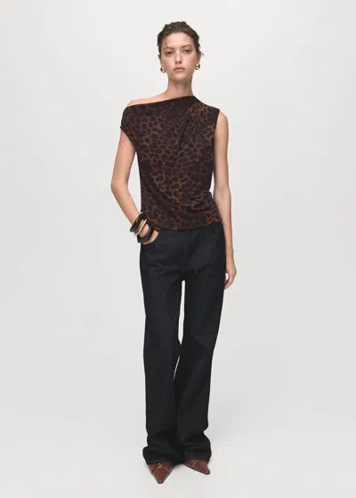 Mango Leopard Top With Asymmetrical Neckline In Brown
