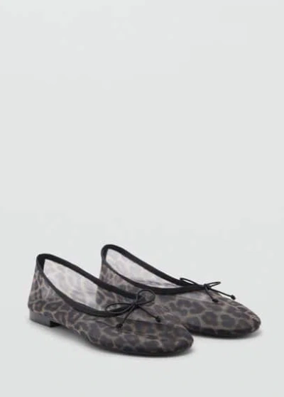 MANGO ANIMAL-PRINT MESH BALLERINA FLATS BLACK