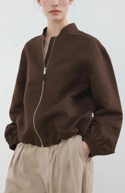 Mango Linen & Cotton Bomber Jacket In Brown