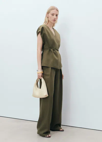 Mango Linen And Lyocell Wrap Top With Bow Khaki In Green