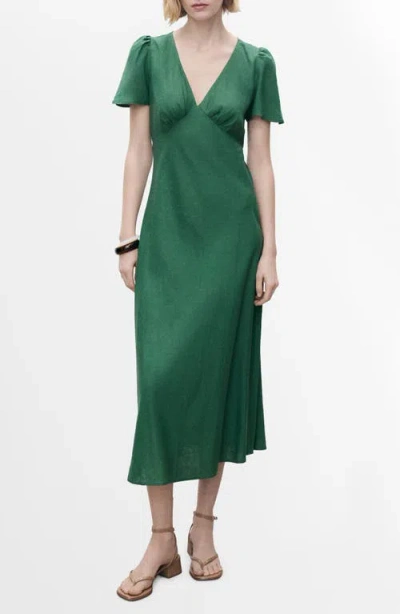 Mango Linen Mix Short Sleeve Midi Dress In Green