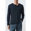 Mango Linen Blend Henley In Blue
