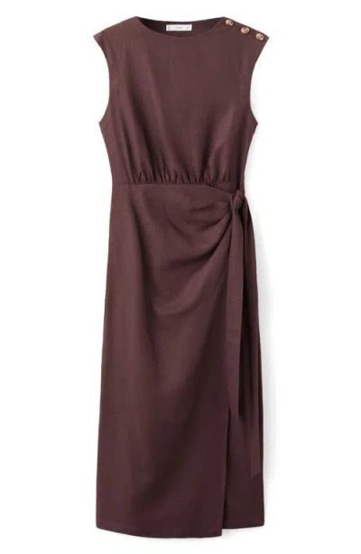 Mango Linen Wrap Dress Chocolate In Brown
