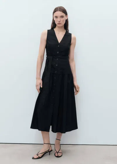 Mango Linen Blend Midi Dress With Belt Black