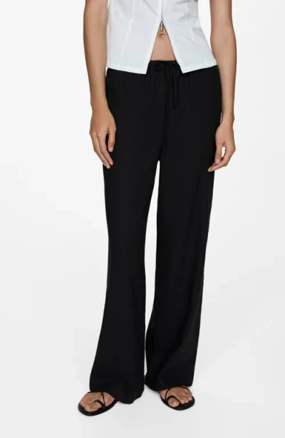 Mango Linen Blend Straight Leg Drawstring Pants In Black