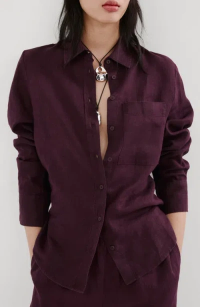 Mango Linen Button-up Shirt In Purple