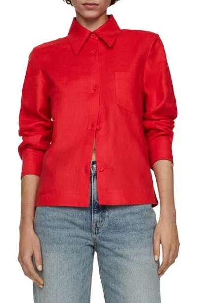Mango Linen Button-up Shirt In Coral Red