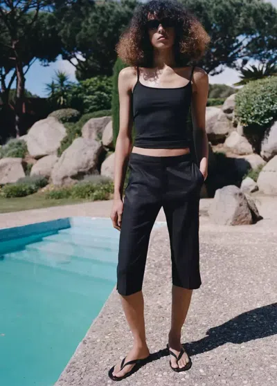 Mango Linen Capri Pants In Black