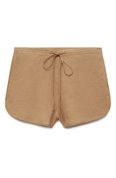 Mango Linen Drawstring Shorts In Tobacco Brown