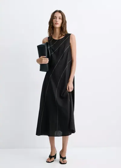 Mango Linen Dress With Contrasting Stitching In Black