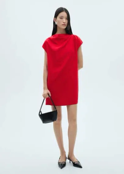 Mango Linen Dress With Draped Collar Red In Rouge