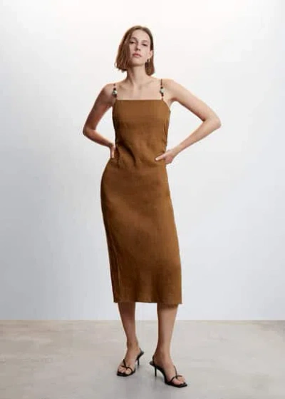 Mango Linen Dress With Stone Detail Brown