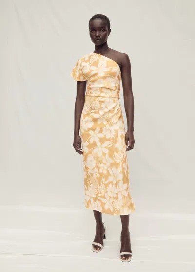 Mango Linen Floral-print Dress Mustard In Moutarde
