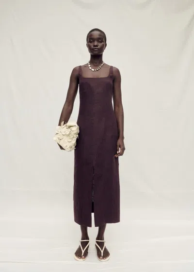 Mango Linen Midi Dress With Front Opening Brown