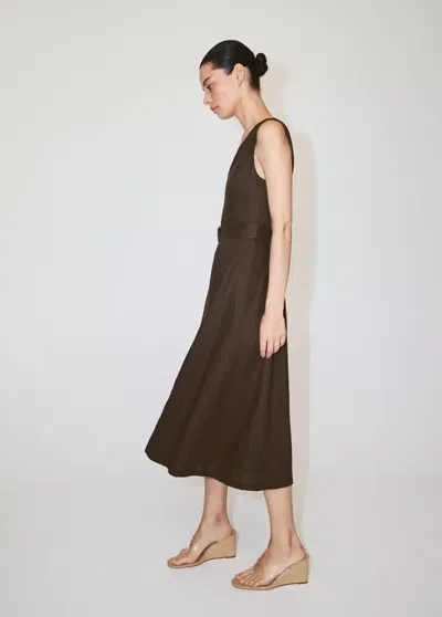 Mango Linen Midi-dress With Belt In Brown