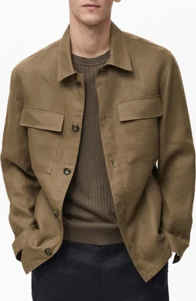 Mango Linen Overshirt With Pockets In Khaki Brown