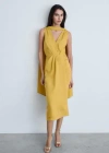 Mango Scarf Detail Sleeveless Linen Midi Dress In Mustard