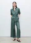 Mango Short Sleeve Linen Jumpsuit In Forest Green