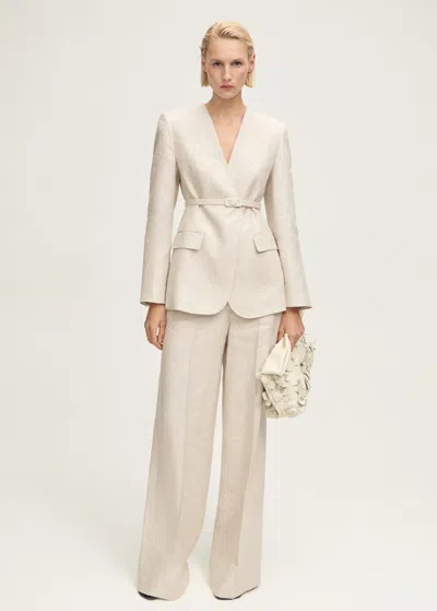 Mango Linen Suit Blazer With Belt In Gris Clair/pastel