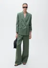 Mango Linen Oversized Double Breasted Blazer In Forest Green