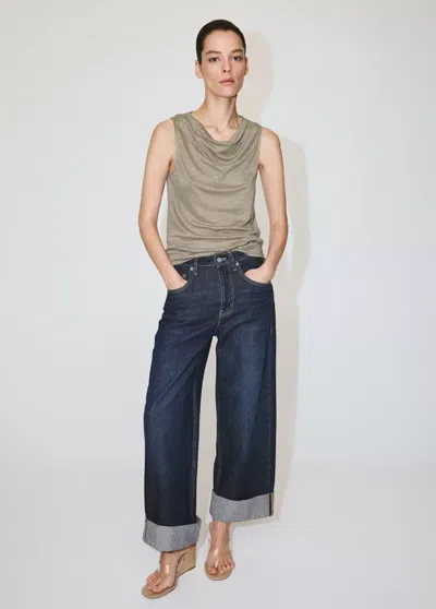 Mango Linen Top With Draped Neckline In Khaki