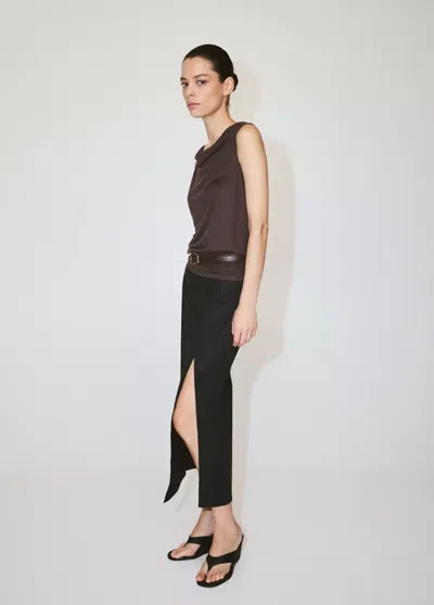 Mango Linen Top With Draped Neckline In Brown