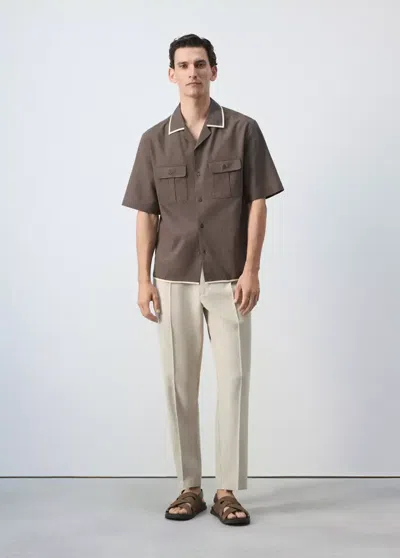 Mango Linen-cotton Shirt With Bowling Collar In Chocolate