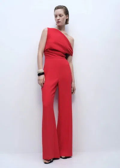 Mango Long Asymmetrical Draped Jumpsuit Red
