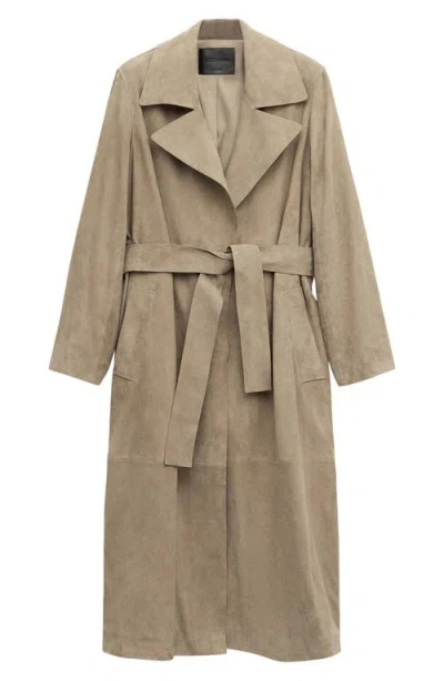 Mango Long Belted Suede Trench Coat In Brown