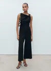Mango Long Culotte Jumpsuit With Draped Neck Black In Black