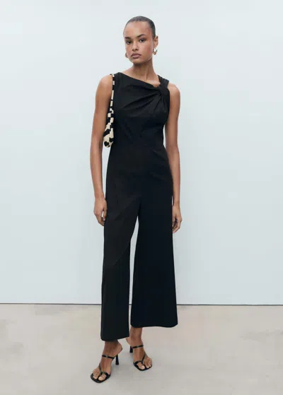 Mango Long Culotte Jumpsuit With Draped Neck Black