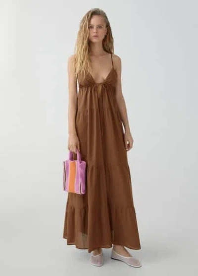 Mango Long Dress With Bow Neckline Brown In Marron