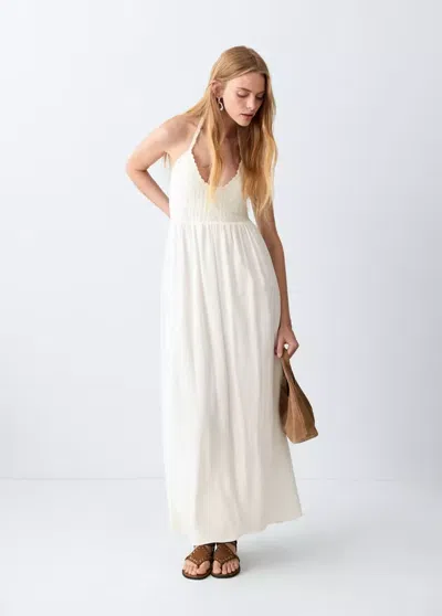 Mango Long Dress With Crocheted Detail In Off White