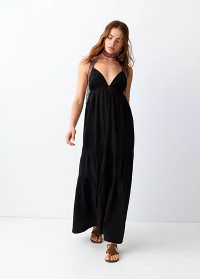Mango Long Dress With Embroidered Details In Black