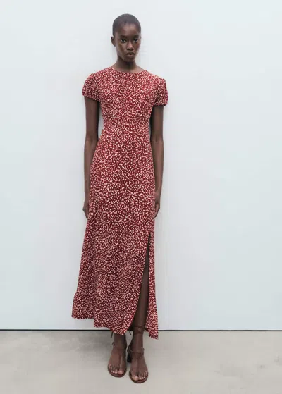 Mango Long Floral Dress With Opening Burgundy