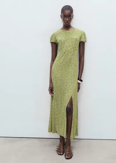Mango Long Floral Dress With Opening Green