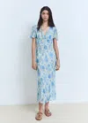 Mango Long Floral Dress With Short Sleeves Blue In Blue