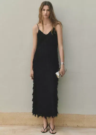 Mango Long Frayed Dress In Black