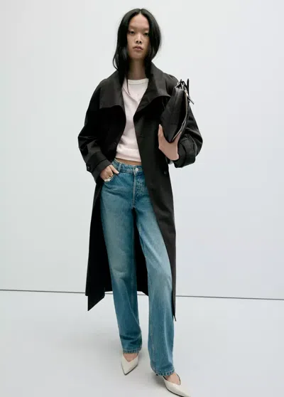 Mango Long Funnel Neck Trench With Belt In Chocolate